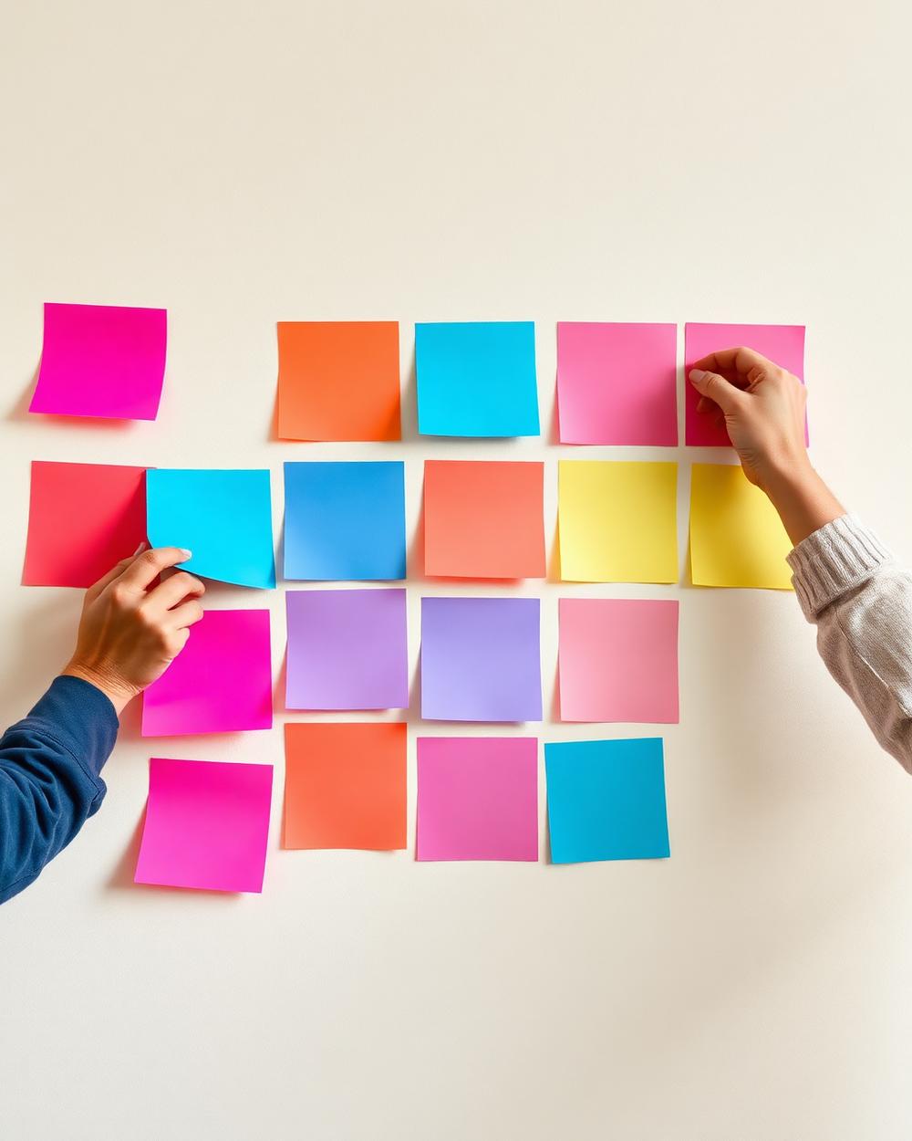 Two marketers arranging colourful sticky notes into a messaging grid on a cream wall