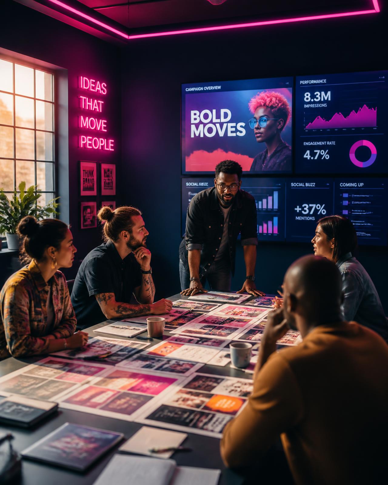 Creative agency team reviewing printed campaign layouts under magenta neon light with colourful performance dashboards on the wall