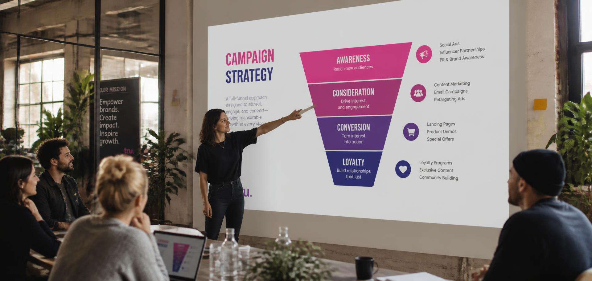 Strategist presenting a colourful campaign funnel to a marketing team in a bright loft studio